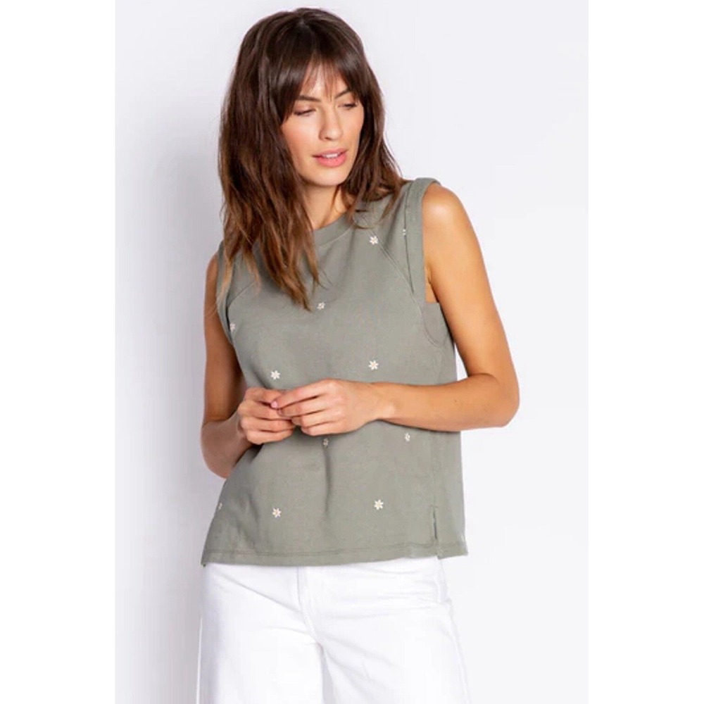 PJ Salvage Happy Vibes Tank Olive Green Embroidered Daisy Terrycloth Size Medium